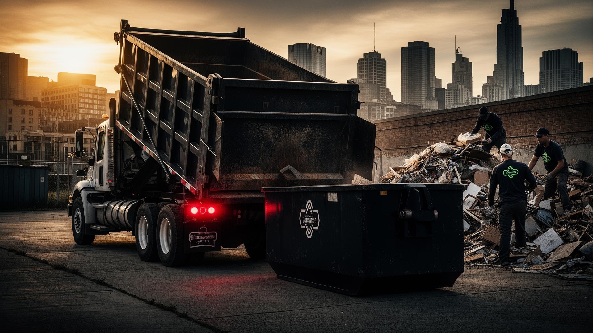 Roll-off dumpster truck and junk removal crew working in city environment at golden hour